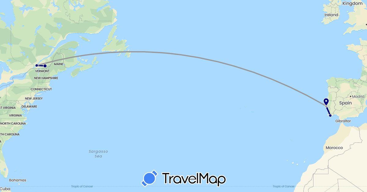 TravelMap itinerary: driving, plane in Canada, Portugal (Europe, North America)